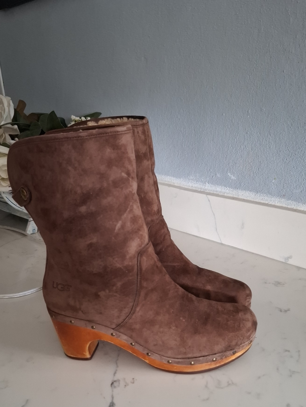 UGG Brown Suede Studded Clog Heeled Boots